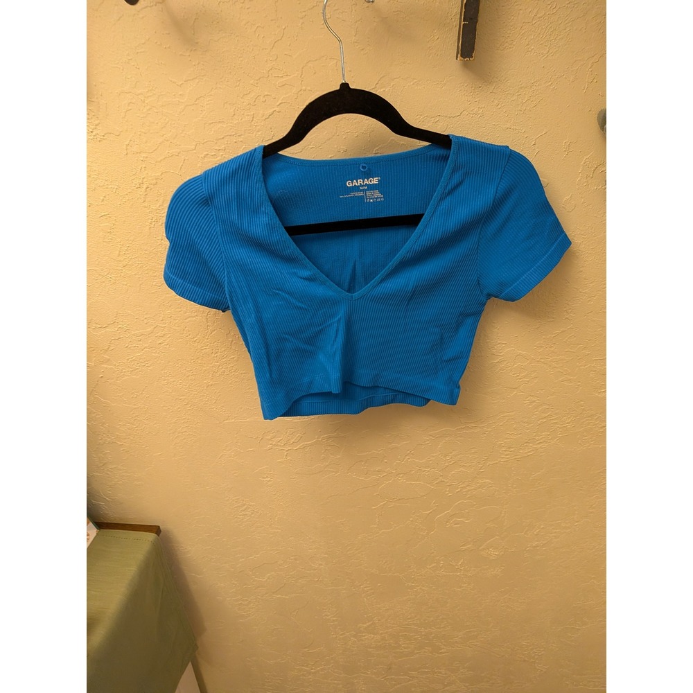 GARAGE Blue Ribbed Knit V Neck Cropped Tank Top Women's M/M Nylon Spandex